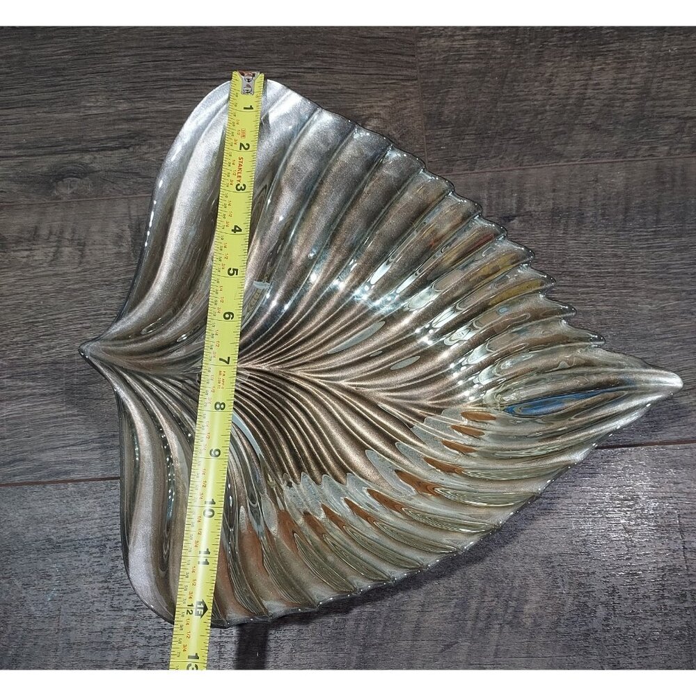 Bowl Akcam Gold Leaf Turkish Glass Holiday 13" x 12" x 3" Clear Silver Back - Picture 5 of 13